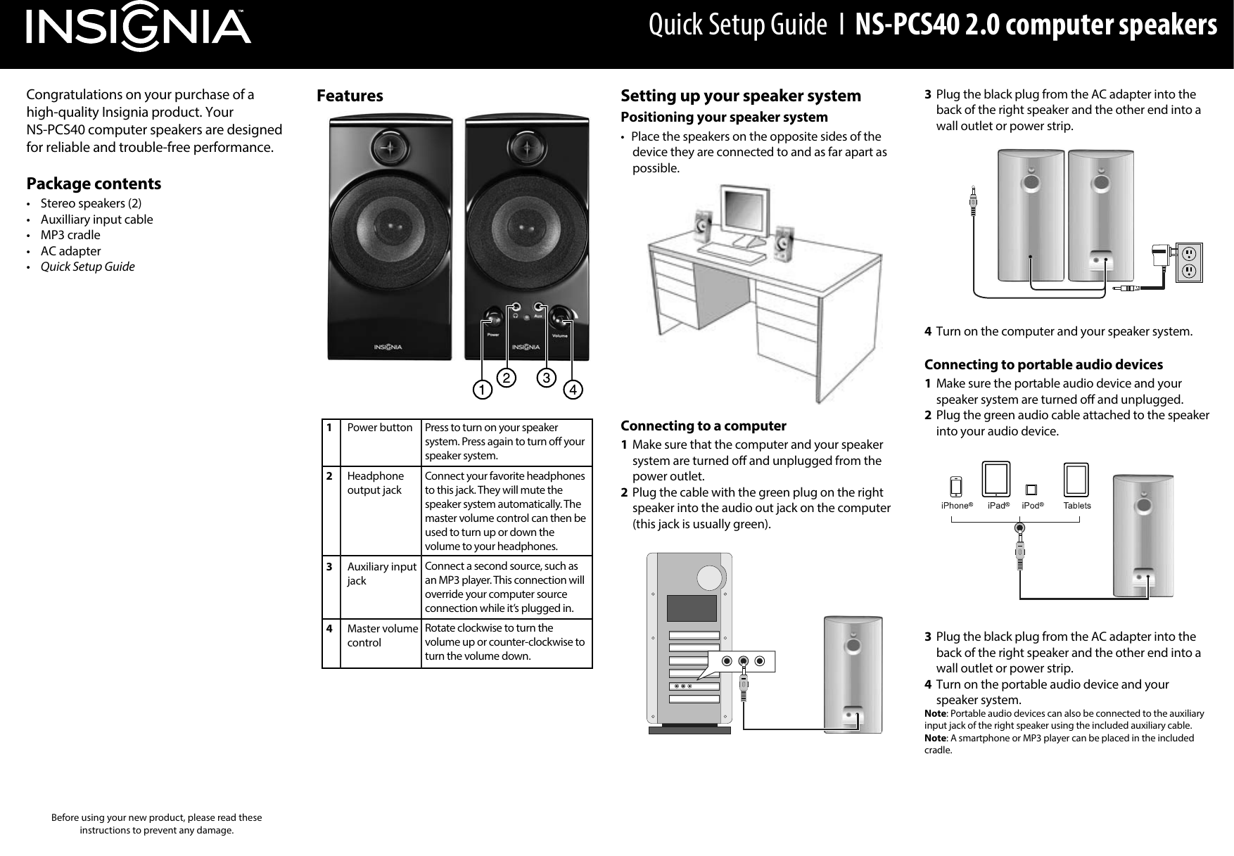 Page 1 of 2 - Insignia Insignia-Ns-Pcs40-Quick-Start-Guide NS-PCS40_13-0612_QSG_V3_EN