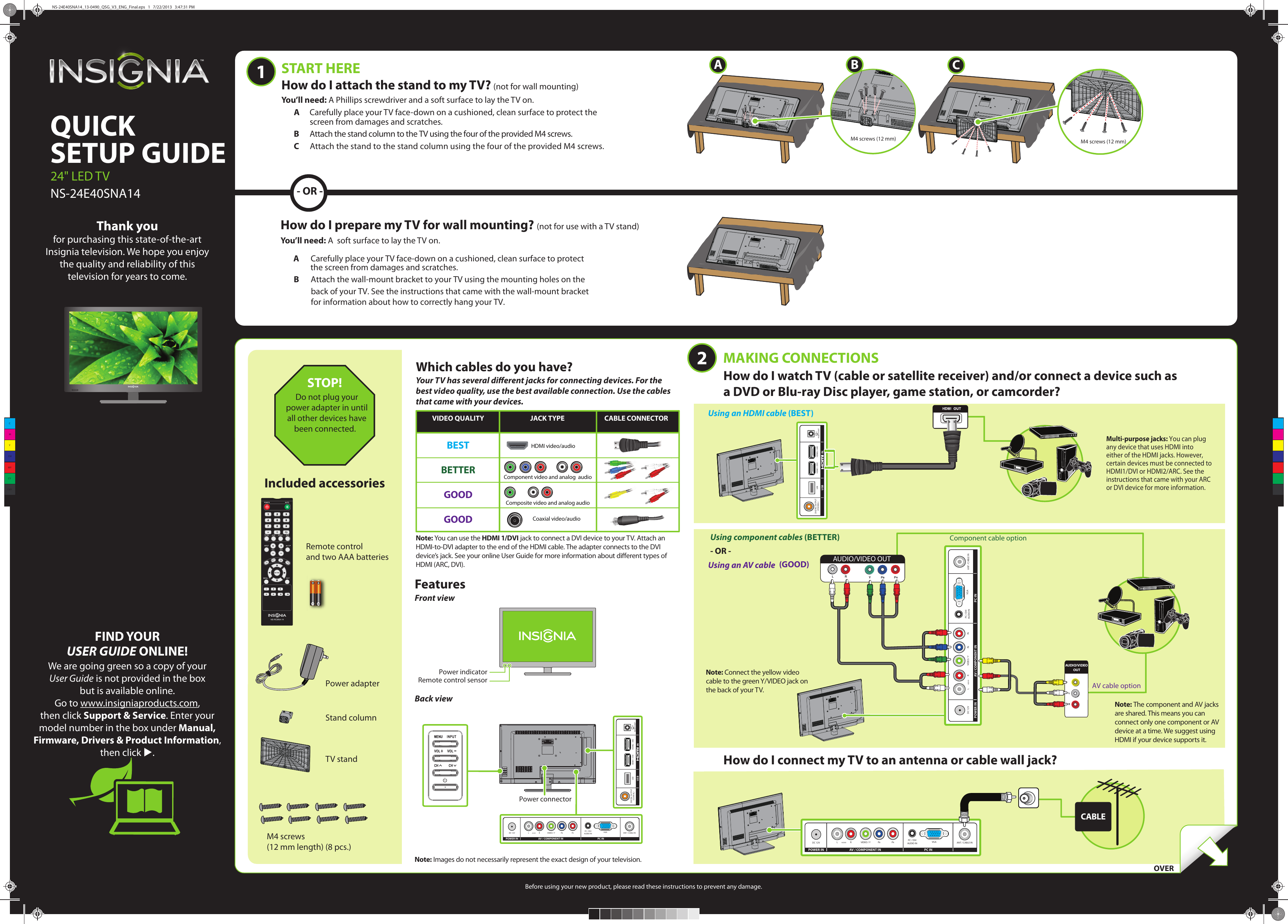 Page 1 of 2 - Insignia NS-24E40SNA14 NS-24E40SNA14_13-0490_QSG_V3_ENG_ User Manual  To The 6cd6d7fe-3344-4a64-a981-d2ec83900ddc