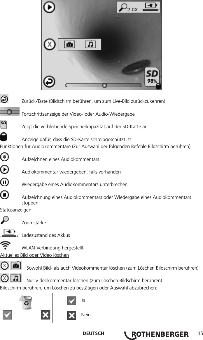 DEUTSCH 15  Zurück-Taste (Bildschirm berühren, um zum Live-Bild zurückzukehren)  Fortschrittsanzeige der Video- oder Audio-Wiedergabe  Zeigt die verbleibende Speicherkapazität auf der SD-Karte an  Anzeige dafür, dass die SD-Karte schreibgeschützt istFunktionen für Audiokommentare (Zur Auswahl der folgenden Befehle Bildschirm berühren)  Aufzeichnen eines Audiokommentars  Audiokommentar wiedergeben, falls vorhanden  Wiedergabe eines Audiokommentars unterbrechen  Aufzeichnung eines Audiokommentars oder Wiedergabe eines Audiokommentars     stoppenStatusanzeigen Zoomstärke  Ladezustand des Akkus  WLAN-Verbindung hergestelltAktuelles Bild oder Video löschen    Sowohl Bild- als auch Videokommentar löschen (zum Löschen Bildschirm berühren)    Nur Videokommentar löschen (zum Löschen Bildschirm berühren)Bildschirm berühren, um Löschen zu bestätigen oder Auswahl abzubrechen:  Ja  Nein