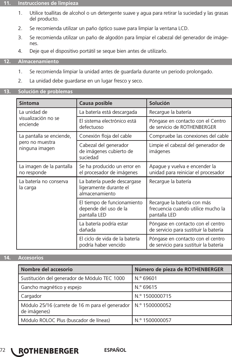 ESPAÑOL72  11.   Instrucciones de limpieza1.  Utilice toallitas de alcohol o un detergente suave y agua para retirar la suciedad y las grasas del producto.2.  Se recomienda utilizar un paño óptico suave para limpiar la ventana LCD.3.  Se recomienda utilizar un paño de algodón para limpiar el cabezal del generador de imáge-nes.4.  Deje que el dispositivo portátil se seque bien antes de utilizarlo.  12.   Almacenamiento1.  Se recomienda limpiar la unidad antes de guardarla durante un periodo prolongado.2.  La unidad debe guardarse en un lugar fresco y seco.  13.   Solución de problemasSíntoma Causa posible SoluciónLa unidad de visualización no se enciendeLa batería está descargada Recargue la bateríaEl sistema electrónico está defectuosoPóngase en contacto con el Centro de servicio de ROTHENBERGERLa pantalla se enciende, pero no muestra ninguna imagenConexión ﬂoja del cable Compruebe las conexiones del cableCabezal del generador de imágenes cubierto de suciedadLimpie el cabezal del generador de imágenesLa imagen de la pantalla no respondeSe ha producido un error en el procesador de imágenesApague y vuelva e encender la unidad para reiniciar el procesadorLa batería no conserva la cargaLa batería puede descargase ligeramente durante el almacenamientoRecargue la bateríaEl tiempo de funcionamiento depende del uso de la pantalla LEDRecargue la batería con más frecuencia cuando utilice mucho la pantalla LEDLa batería podría estar dañadaPóngase en contacto con el centro de servicio para sustituir la bateríaEl ciclo de vida de la batería podría haber vencidoPóngase en contacto con el centro de servicio para sustituir la batería 14.  Accesorios Nombre del accesorio Número de pieza de ROTHENBERGERSustitución del generador de Módulo TEC 1000 N.º 69601Gancho magnético y espejo N.º 69615Cargador N.º 1500000715Módulo 25/16 (carrete de 16 m para el generador de imágenes)N.º 1500000052Módulo ROLOC Plus (buscador de líneas) N.º 1500000057