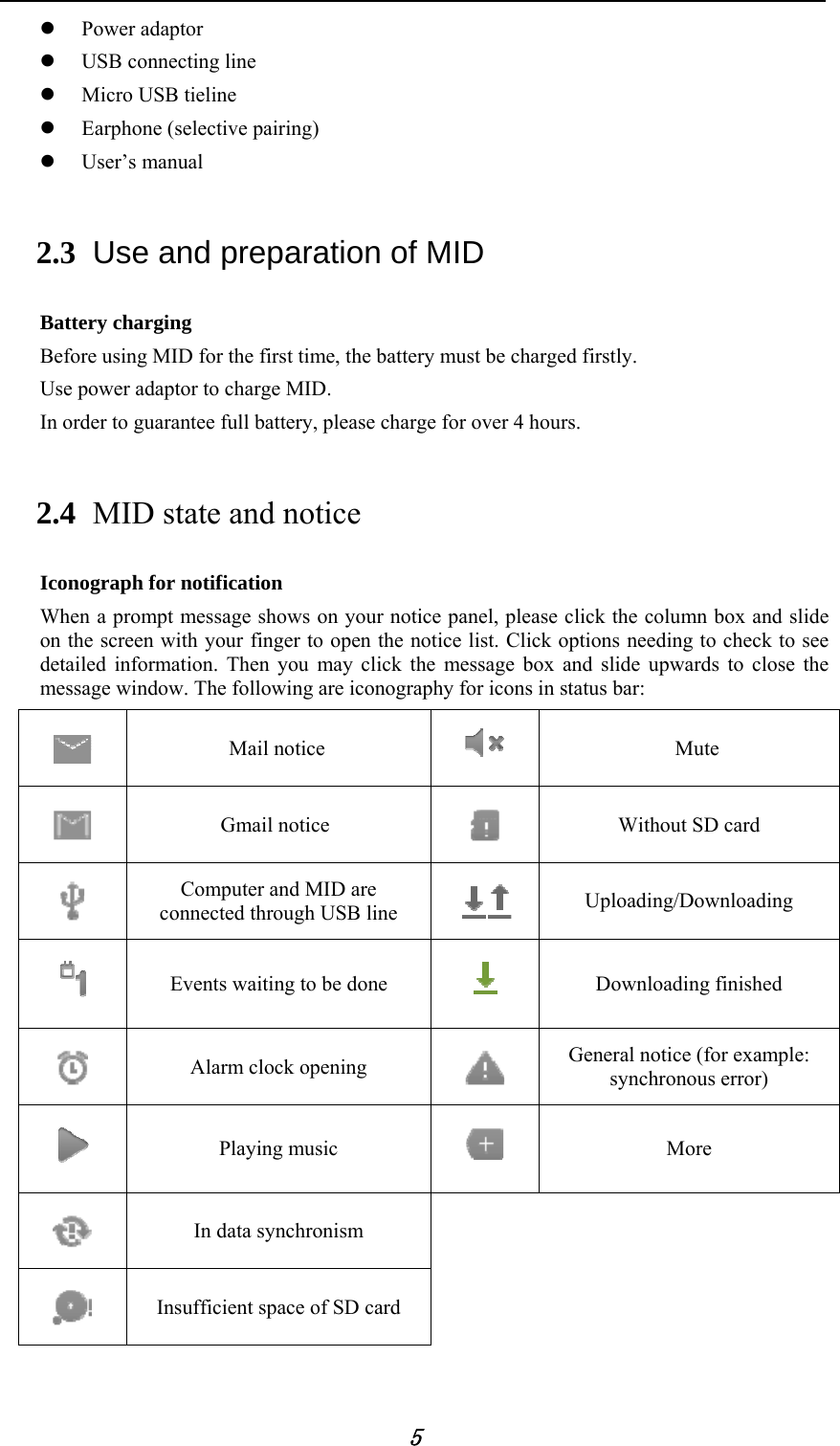            5  Power adaptor  USB connecting line  Micro USB tieline  Earphone (selective pairing)  User&rsquo;s manual 2.3 Use and preparation of MID Battery charging Before using MID for the first time, the battery must be charged firstly. Use power adaptor to charge MID. In order to guarantee full battery, please charge for over 4 hours. 2.4 MID state and notice Iconograph for notification When a prompt message shows on your notice panel, please click the column box and slide on the screen with your finger to open the notice list. Click options needing to check to see detailed information. Then you may click the message box and slide upwards to close the message window. The following are iconography for icons in status bar:  Mail notice   Mute  Gmail notice  Without SD card  Computer and MID are connected through USB line   Uploading/Downloading  Events waiting to be done   Downloading finished  Alarm clock opening  General notice (for example: synchronous error)  Playing music   More  In data synchronism     Insufficient space of SD card    