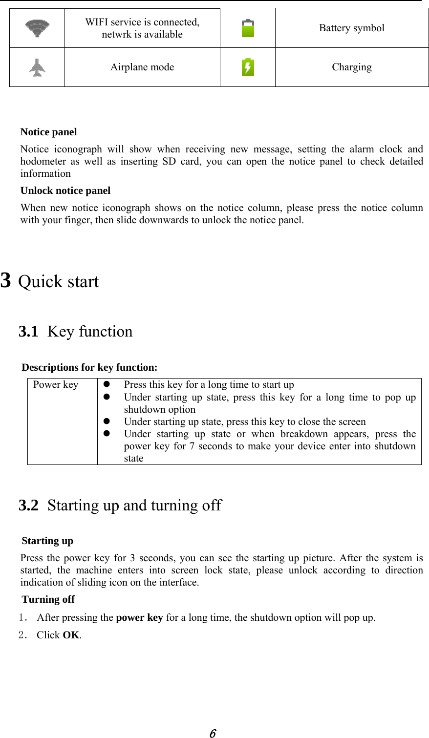            6  WIFI service is connected, netwrk is available   Battery symbol  Airplane mode  Charging      Notice panel Notice iconograph will show when receiving new message, setting the alarm clock and hodometer as well as inserting SD card, you can open the notice panel to check detailed information  Unlock notice panel When new notice iconograph shows on the notice column, please press the notice column with your finger, then slide downwards to unlock the notice panel. 3 Quick start 3.1 Key function Descriptions for key function: Power key   Press this key for a long time to start up  Under starting up state, press this key for a long time to pop up shutdown option  Under starting up state, press this key to close the screen  Under starting up state or when breakdown appears, press the power key for 7 seconds to make your device enter into shutdown state 3.2 Starting up and turning off Starting up Press the power key for 3 seconds, you can see the starting up picture. After the system is started, the machine enters into screen lock state, please unlock according to direction indication of sliding icon on the interface. Turning off 1． After pressing the power key for a long time, the shutdown option will pop up. 2． Click OK. 