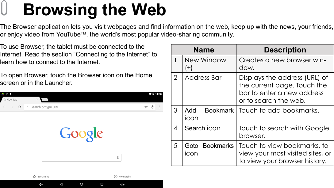 Page 22  Browsing The WebEnglish &Acirc;Browsing the WebThe Browser application lets you visit webpages and nd information on the web, keep up with the news, your friends, or enjoy video from YouTube&trade;, the world&rsquo;s most popular video-sharing community.To use Browser, the tablet must be connected to the Internet. Read the section &ldquo;Connecting to the Internet&rdquo; to learn how to connect to the Internet.To open Browser, touch the Browser icon on the Home screen or in the Launcher.Name Description1New Window (+)Creates a new browser win-dow.2Address Bar Displays the address (URL) of the current page. Touch the bar to enter a new address or to search the web.3Add Bookmark iconTouch to add bookmarks.4Search icon Touch to search with Google browser.5Goto Bookmarks iconTouch to view bookmarks, to view your most visited sites, or to view your browser history.