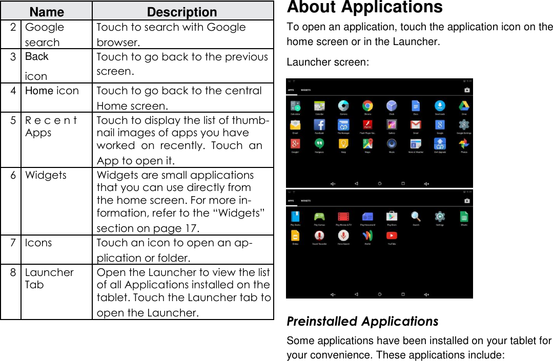   Name Description  2 Google Touch to search with Google   search browser.  3 Back Touch to go back to the previous   icon screen.     4 Home icon Touch to go back to the central    Home screen.  5 R e c e n t Touch to display the list of thumb-   Apps nail images of apps you have    worked  on  recently.  Touch  an    App to open it.  6 Widgets Widgets are small applications    that you can use directly from    the home screen. For more in-    formation, refer to the &ldquo;Widgets&rdquo;    section on page 17.  7 Icons Touch an icon to open an ap-    plication or folder.  8 Launcher Open the Launcher to view the list   Tab of all Applications installed on the    tablet. Touch the Launcher tab to    open the Launcher.  About Applications  To open an application, touch the application icon on the home screen or in the Launcher.  Launcher screen:                       Preinstalled Applications  Some applications have been installed on your tablet for your convenience. These applications include:      English  Page 12 Getting Started 