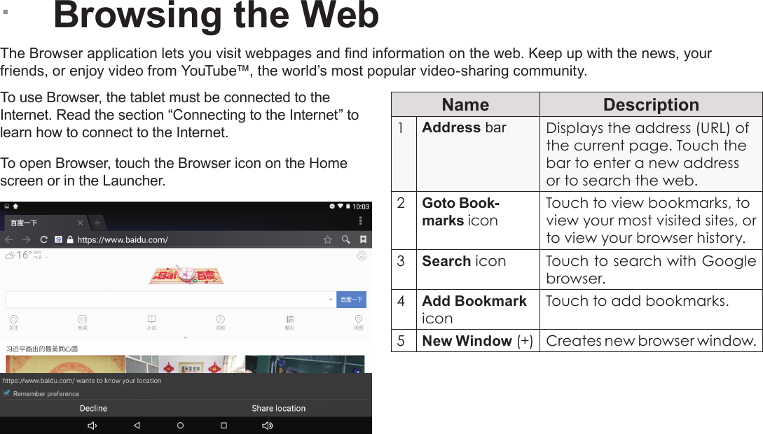 Page 22  Browsing The WebEnglish &Acirc;Browsing the WebThe Browser application lets you visit webpages and nd information on the web. Keep up with the news, your friends, or enjoy video from YouTube&trade;, the world&rsquo;s most popular video-sharing community.To use Browser, the tablet must be connected to the Internet. Read the section &ldquo;Connecting to the Internet&rdquo; to learn how to connect to the Internet.To open Browser, touch the Browser icon on the Home screen or in the Launcher.Name Description1Address bar Displays the address (URL) of the current page. Touch the bar to enter a new address or to search the web.2Goto Book-marks iconTouch to view bookmarks, to view your most visited sites, or to view your browser history.3Search icon Touch to search with Google browser.4Add Bookmark iconTouch to add bookmarks.5New Window (+) Creates new browser window.
