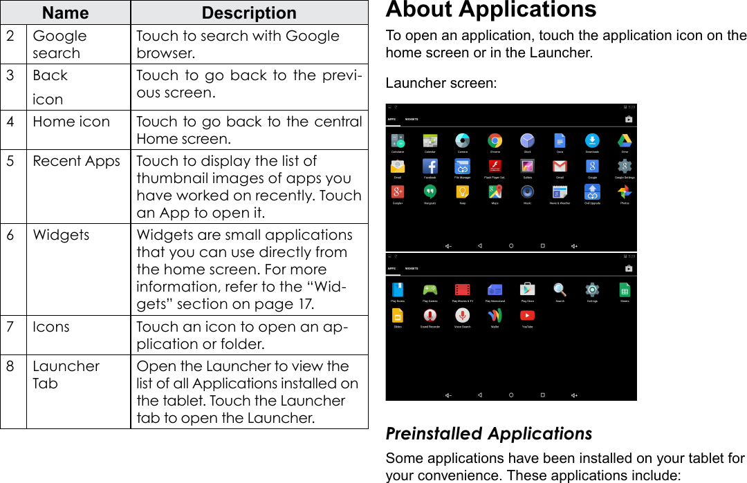 Page 15  Getting StartedEnglishName Description2 Google searchTouch to search with Google browser.3BackiconTouch to go back to the previ-ous screen.4Home icon Touch to go back to the central Home screen.5Recent Apps Touch to display the list of thumbnail images of apps you have worked on recently. Touch an App to open it.6Widgets Widgets are small applications that you can use directly from the home screen. For more information, refer to the &ldquo;Wid-gets&rdquo; section on page 17.7Icons Touch an icon to open an ap-plication or folder.8Launcher TabOpen the Launcher to view the list of all Applications installed on the tablet. Touch the Launcher tab to open the Launcher.About ApplicationsTo open an application, touch the application icon on the home screen or in the Launcher.Launcher screen:Preinstalled ApplicationsSome applications have been installed on your tablet for your convenience. These applications include: