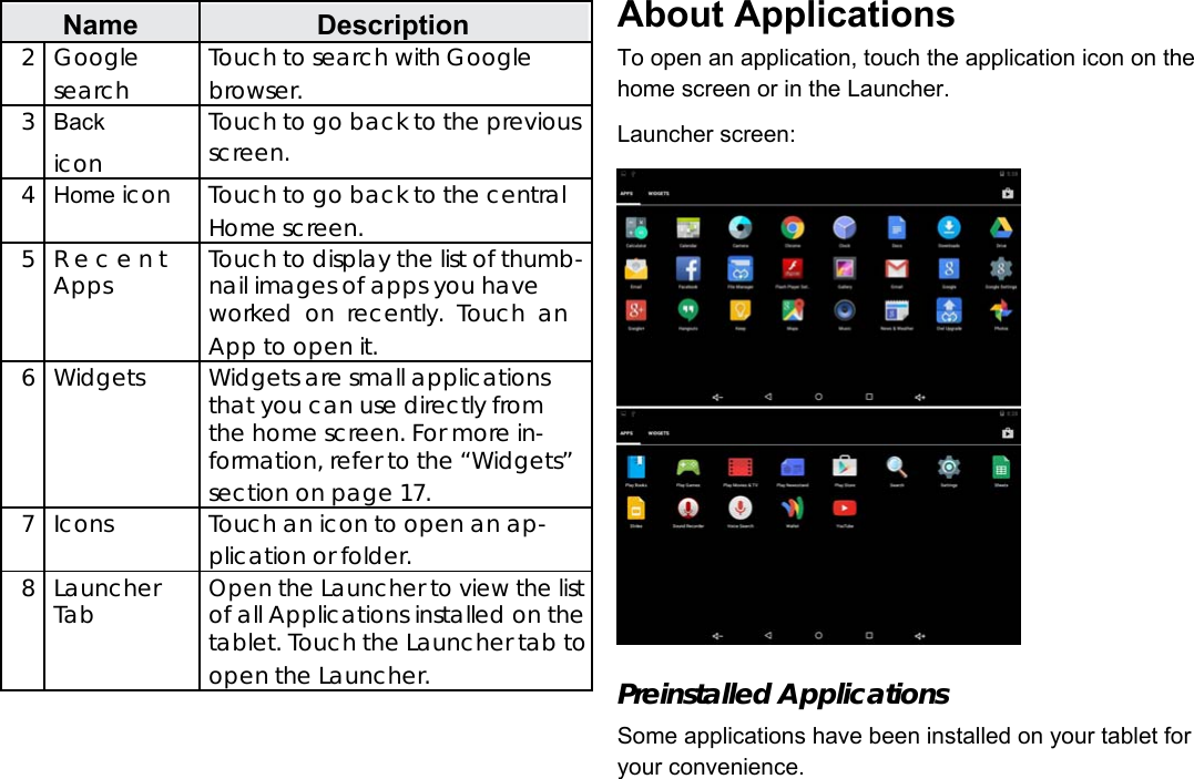   Name Description 2Google Touch to search with Google   search browser. 3Back Touch to go back to the previous   icon screen.    4Home icon Touch to go back to the central    Home screen. 5R e c e n t Touch to display the list of thumb-   Apps nail images of apps you have     worked  on  recently.  Touch  an    App to open it. 6Widgets Widgets are small applications     that you can use directly from     the home screen. For more in-     formation, refer to the &ldquo;Widgets&rdquo;    section on page 17. 7Icons Touch an icon to open an ap-    plication or folder. 8LauncherOpen the Launcher to view the list   Tab of all Applications installed on the     tablet. Touch the Launcher tab to    open the Launcher. About Applications  To open an application, touch the application icon on the home screen or in the Launcher.  Launcher screen:                       Preinstalled Applications  Some applications have been installed on your tablet for your convenience.      English  Page 12 Getting Started 