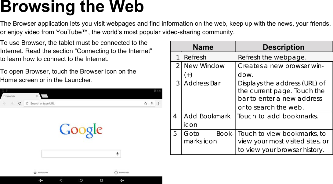 Browsing the Web  The Browser application lets you visit webpages and find information on the web, keep up with the news, your friends, or enjoy video from YouTube&trade;, the world&rsquo;s most popular video-sharing community.  English  To use Browser, the tablet must be connected to the Internet. Read the section &ldquo;Connecting to the Internet&rdquo; to learn how to connect to the Internet.  To open Browser, touch the Browser icon on the Home screen or in the Launcher.    Name Description1Refresh Refresh the webpage.2New Window Creates a new browser win-  (+) dow.3Address Bar Displays the address (URL) of    the current page. Touch the    bar to enter a new address    or to search the web. 4 Add Bookmark   Touch to add bookmarks. icon   5    Goto Book- Touch to view bookmarks, to marks icon view your most visited sites, or   to view your browser history.           Page 18 Browsing The Web 