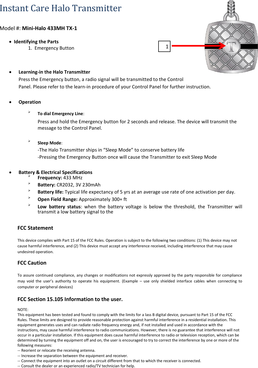 Page 1 of Instant Care HALOM433 Halo Transmitter User Manual 