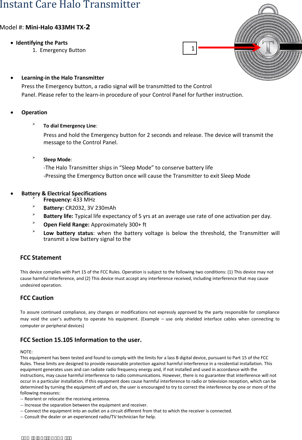 Page 2 of Instant Care HALOM433 Halo Transmitter User Manual 