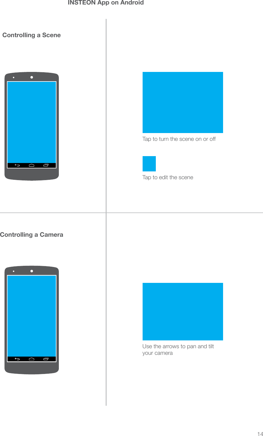 14INSTEON App on AndroidControlling a CameraControlling a SceneTap to turn the scene on or oTap to edit the sceneUse the arrows to pan and tilt your camera