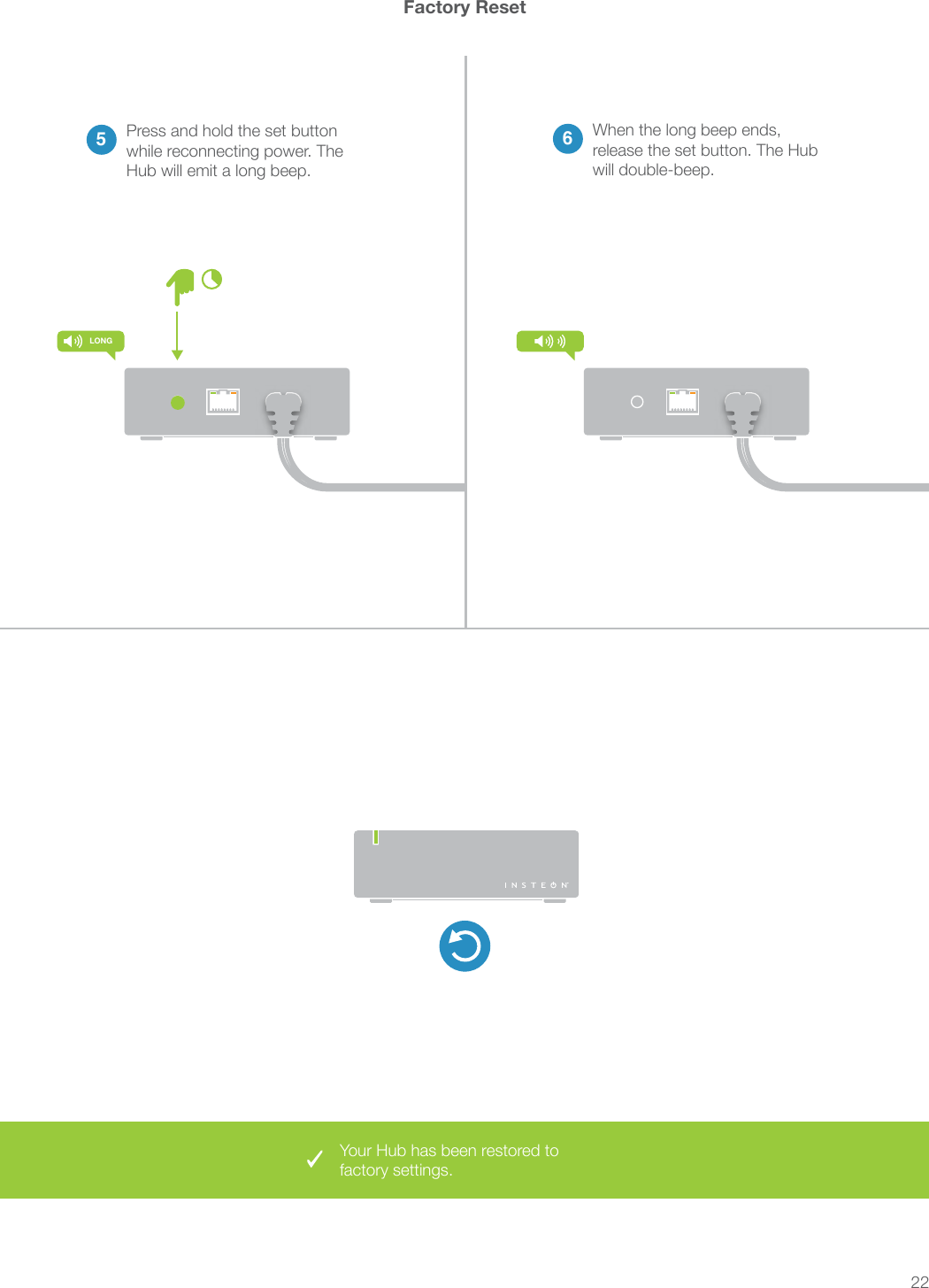 22Factory Reset5Press and hold the set button while reconnecting power. The Hub will emit a long beep.6When the long beep ends,  release the set button. The Hub will double-beep.LONGYour Hub has been restored to factory settings.
