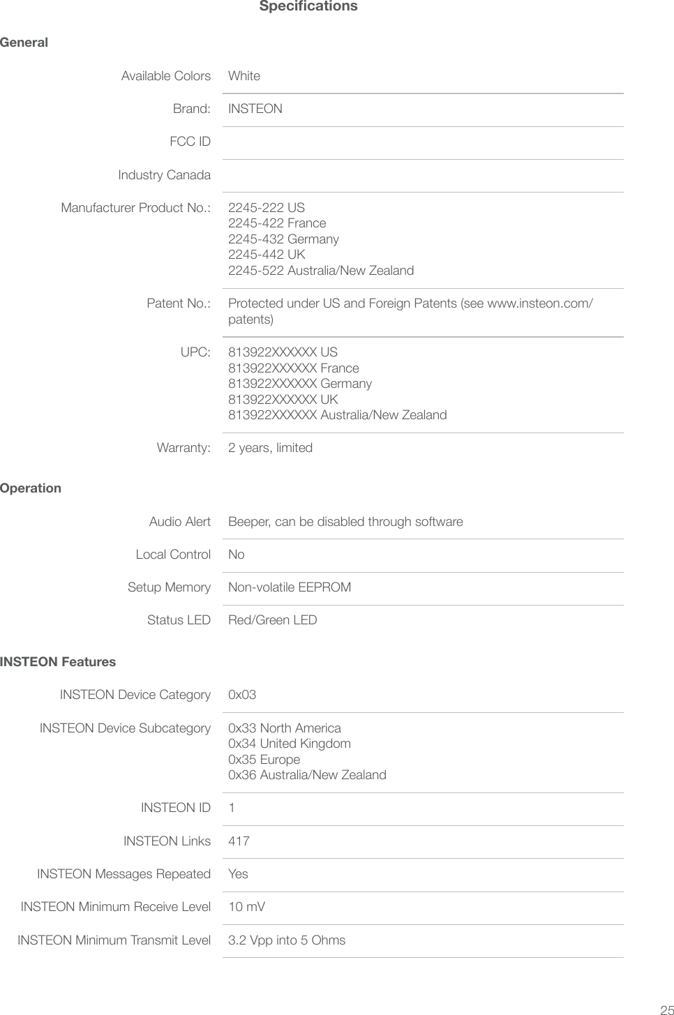 25SpecicationsGeneralAvailable Colors WhiteBrand: INSTEONFCC IDIndustry CanadaManufacturer Product No.: 2245-222 US 2245-422 France 2245-432 Germany 2245-442 UK 2245-522 Australia/New ZealandPatent No.: Protected under US and Foreign Patents (see www.insteon.com/patents)UPC: 813922XXXXXX US 813922XXXXXX France 813922XXXXXX Germany 813922XXXXXX UK 813922XXXXXX Australia/New ZealandWarranty: 2 years, limitedOperationAudio Alert Beeper, can be disabled through softwareLocal Control NoSetup Memory Non-volatile EEPROMStatus LED Red/Green LEDINSTEON FeaturesINSTEON Device Category 0x03INSTEON Device Subcategory 0x33 North America 0x34 United Kingdom 0x35 Europe 0x36 Australia/New ZealandINSTEON ID 1INSTEON Links 417INSTEON Messages Repeated YesINSTEON Minimum Receive Level 10 mVINSTEON Minimum Transmit Level 3.2 Vpp into 5 Ohms