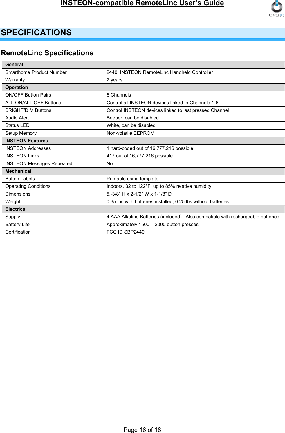 INSTEON-compatible RemoteLinc User’s Guide Page 16 of 18 SPECIFICATIONS RemoteLinc Specifications General Smarthome Product Number  2440, INSTEON RemoteLinc Handheld Controller Warranty 2 years Operation ON/OFF Button Pairs  6 Channels ALL ON/ALL OFF Buttons  Control all INSTEON devices linked to Channels 1-6 BRIGHT/DIM Buttons  Control INSTEON devices linked to last pressed Channel Audio Alert  Beeper, can be disabled Status LED  White, can be disabled Setup Memory  Non-volatile EEPROM INSTEON Features INSTEON Addresses  1 hard-coded out of 16,777,216 possible INSTEON Links  417 out of 16,777,216 possible INSTEON Messages Repeated  No Mechanical Button Labels  Printable using template Operating Conditions  Indoors, 32 to 122°F, up to 85% relative humidity Dimensions  5.-3/8” H x 2-1/2” W x 1-1/8” D Weight  0.35 lbs with batteries installed, 0.25 lbs without batteries Electrical Supply   4 AAA Alkaline Batteries (included).  Also compatible with rechargeable batteries. Battery Life  Approximately 1500 – 2000 button presses Certification  FCC ID SBP2440 