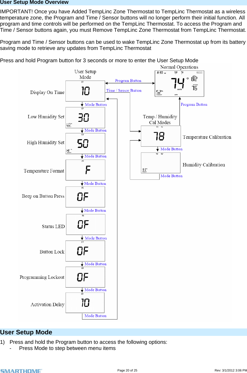                                                                                                                                   Page 20 of 25                                                                                       Rev: 3/1/2012 3:06 PM User Setup Mode Overview IMPORTANT! Once you have Added TempLinc Zone Thermostat to TempLinc Thermostat as a wireless temperature zone, the Program and Time / Sensor buttons will no longer perform their initial function. All program and time controls will be performed on the TempLinc Thermostat. To access the Program and Time / Sensor buttons again, you must Remove TempLinc Zone Thermostat from TempLinc Thermostat.  Program and Time / Sensor buttons can be used to wake TempLinc Zone Thermostat up from its battery saving mode to retrieve any updates from TempLinc Thermostat  Press and hold Program button for 3 seconds or more to enter the User Setup Mode  User Setup Mode 1)  Press and hold the Program button to access the following options: -  Press Mode to step between menu items 