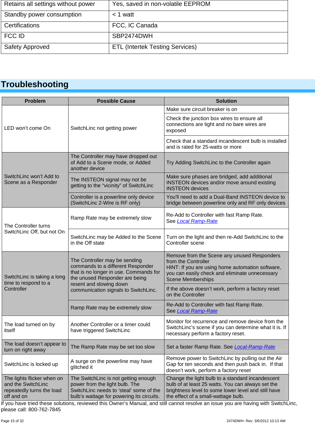  Page 15 of 32                    2474DWH- Rev: 3/6/2012 10:13 AM   Retains all settings without power  Yes, saved in non-volatile EEPROM Standby power consumption  &lt; 1 watt Certifications  FCC, IC Canada FCC ID  SBP2474DWH Safety Approved  ETL (Intertek Testing Services)   Troubleshooting Problem  Possible Cause  Solution Make sure circuit breaker is on Check the junction box wires to ensure all connections are tight and no bare wires are exposed LED won’t come On   SwitchLinc not getting power Check that a standard incandescent bulb is installed and is rated for 25-watts or more The Controller may have dropped out of Add to a Scene mode, or Added  another device   Try Adding SwitchLinc to the Controller again The INSTEON signal may not be getting to the “vicinity” of SwitchLinc Make sure phases are bridged, add additional INSTEON devices and/or move around existing INSTEON devices SwitchLinc won’t Add to Scene as a Responder  Controller is a powerline only device (SwitchLinc 2-Wire is RF only)   You&apos;ll need to add a Dual-Band INSTEON device to bridge between powerline only and RF only devices Ramp Rate may be extremely slow  Re-Add to Controller with fast Ramp Rate. See Local Ramp-Rate The Controller turns SwitchLinc Off, but not On   SwitchLinc may be Added to the Scene in the Off state  Turn on the light and then re-Add SwitchLinc to the Controller scene Remove from the Scene any unused Responders from the Controller HINT: If you are using home automation software, you can easily check and eliminate unnecessary Scene Memberships The Controller may be sending commands to a different Responder that is no longer in use. Commands for the unused Responder are being resent and slowing down communication signals to SwitchLinc.  If the above doesn’t work, perform a factory reset on the Controller SwitchLinc is taking a long time to respond to a Controller Ramp Rate may be extremely slow  Re-Add to Controller with fast Ramp Rate. See Local Ramp-Rate The load turned on by itself  Another Controller or a timer could have triggered SwitchLinc Monitor for recurrence and remove device from the SwitchLinc’s scene if you can determine what it is. If necessary perform a factory reset. The load doesn’t appear to turn on right away  The Ramp Rate may be set too slow  Set a faster Ramp Rate. See Local-Ramp-Rate SwitchLinc is locked up  A surge on the powerline may have glitched it Remove power to SwitchLinc by pulling out the Air Gap for ten seconds and then push back in.  If that doesn’t work, perform a factory reset The lights flicker when on and the SwitchLinc repeatedly turns the load off and on The SwitchLinc is not getting enough power from the light bulb. The SwitchLinc needs to ‘steal’ some of the bulb’s wattage for powering its circuits. Change the light bulb to a standard incandescent bulb of at least 25 watts. You can always set the brightness level to some lower level and still have the effect of a small-wattage bulb. If you have tried these solutions, reviewed this Owner’s Manual, and still cannot resolve an issue you are having with SwitchLinc, please call: 800-762-7845  