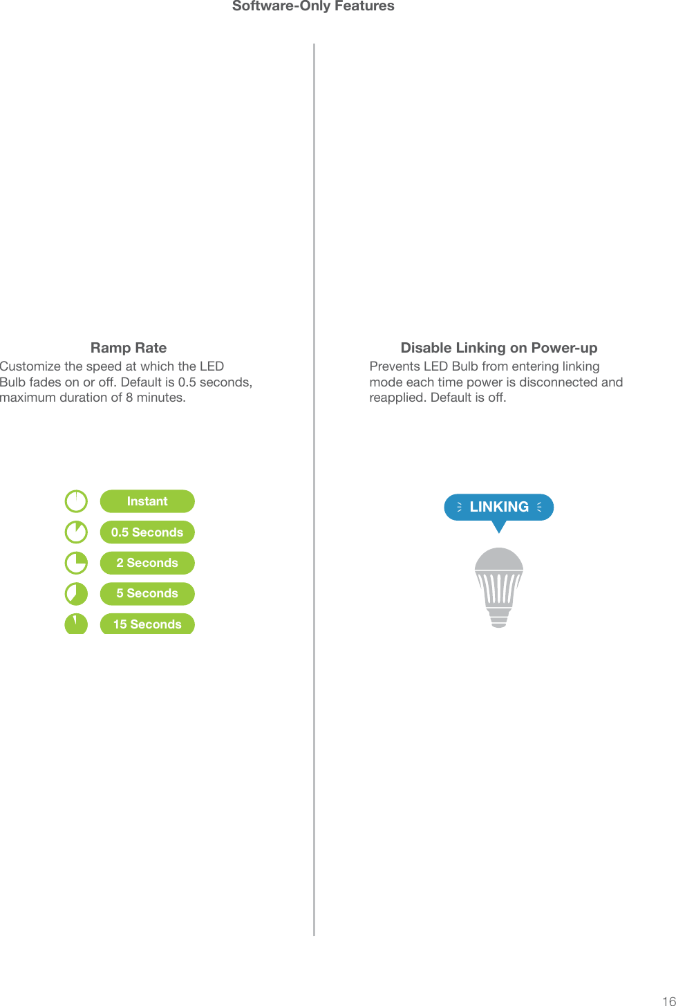16Software-Only FeaturesRamp Rate Disable Linking on Power-upCustomize the speed at which the LED Prevents LED Bulb from entering linking mode each time power is disconnected and 0.5 SecondsInstant2 Seconds5 Seconds15 SecondsLINKING
