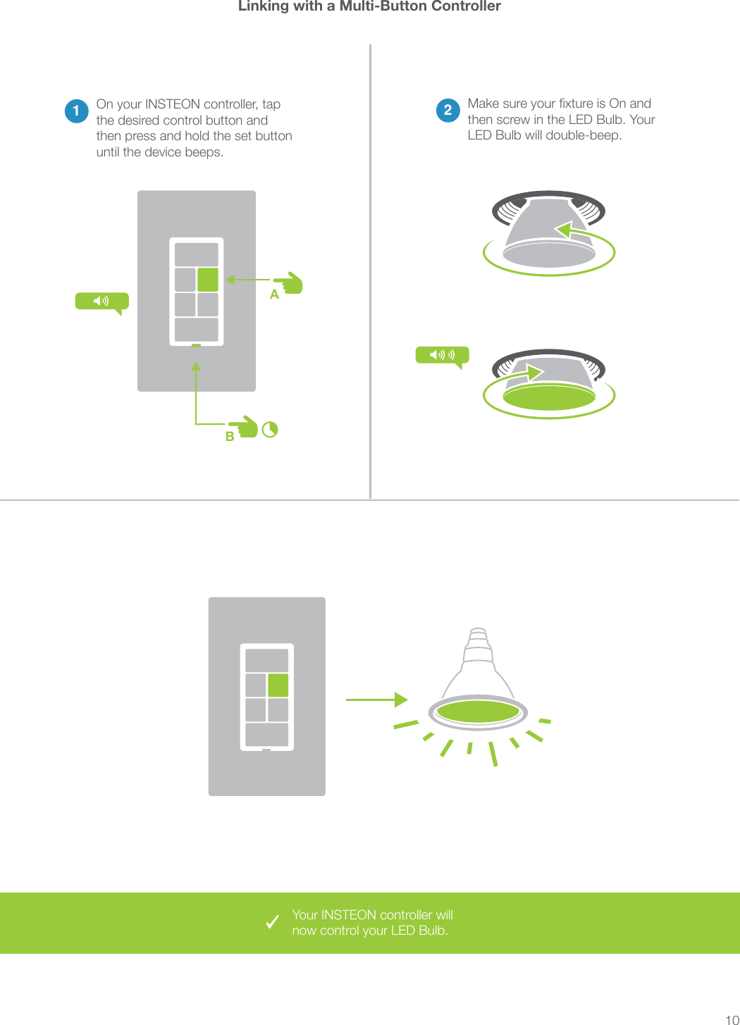 10now control your LED Bulb.ABLinking with a Multi-Button Controller2then screw in the LED Bulb. Your 1the desired control button and then press and hold the set button until the device beeps.