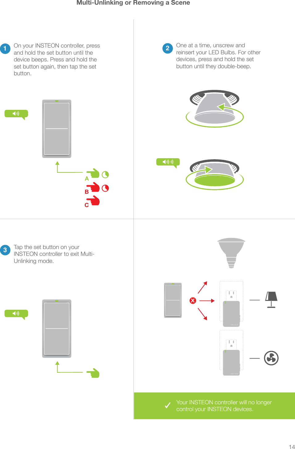 14Multi-Unlinking or Removing a Scene23Tap the set button on your 1and hold the set button until the button.X®®ABC