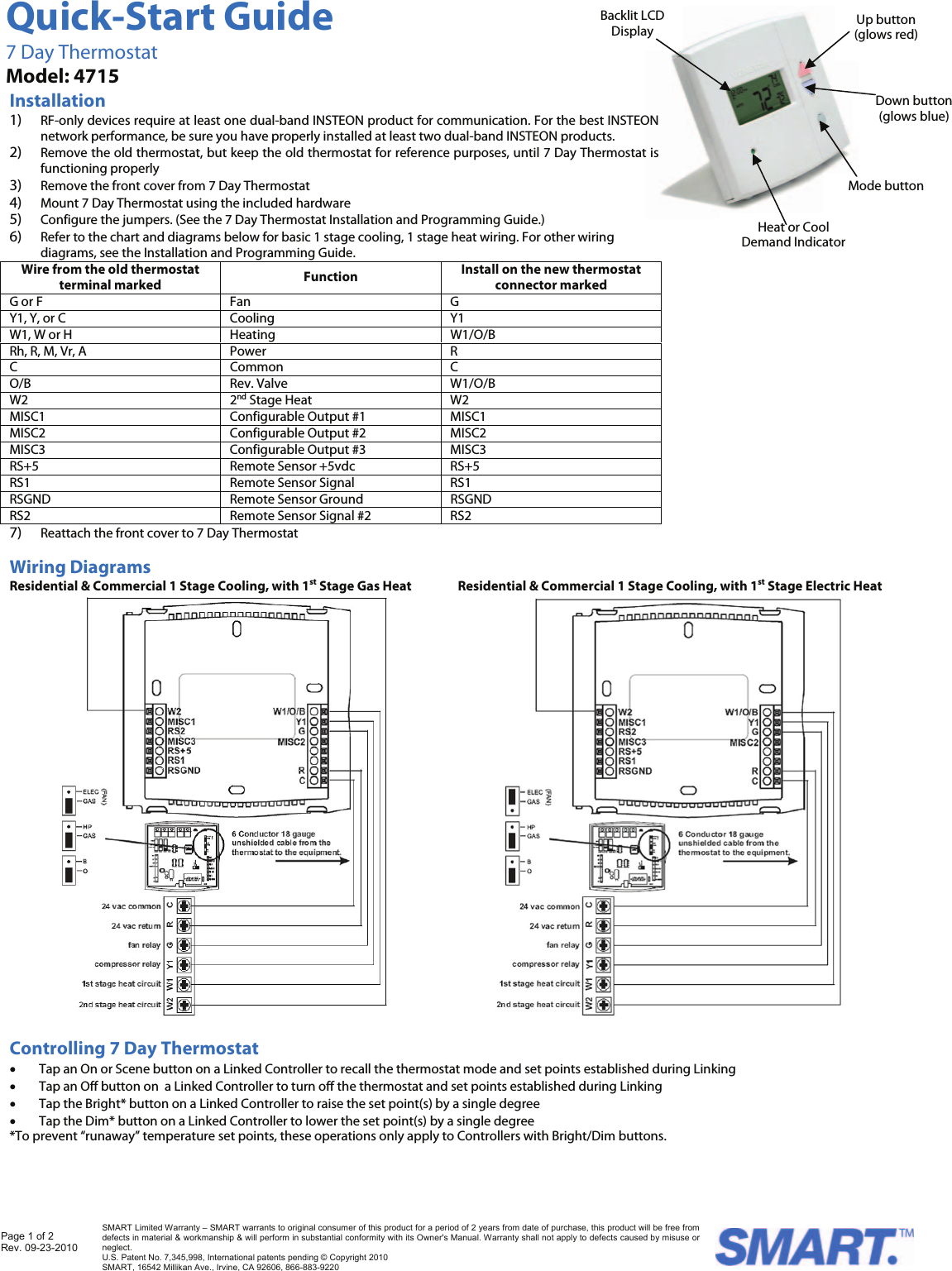 Quick-Start Guide Page 1 of 2 Rev. 09-23-2010   SMART Limited Warranty – SMART warrants to original consumer of this product for a period of 2 years from date of purchase, this product will be free from defects in material &amp; workmanship &amp; will perform in substantial conformity with its Owner&apos;s Manual. Warranty shall not apply to defects caused by misuse or neglect.   U.S. Patent No. 7,345,998, International patents pending © Copyright 2010  SMART, 16542 Millikan Ave., Irvine, CA 92606, 866-883-9220                                                                                                                                                                                                                                                                          Backlit LCD Display  Up button (glows red)                                                         7 Day Thermostat Model: 4715 Heat or Cool Demand Indicator Mode buttonDown button (glows blue) Installation 1) RF-only devices require at least one dual-band INSTEON product for communication. For the best INSTEON network performance, be sure you have properly installed at least two dual-band INSTEON products.  2) Remove the old thermostat, but keep the old thermostat for reference purposes, until 7 Day Thermostat is functioning properly 3) Remove the front cover from 7 Day Thermostat 4) Mount 7 Day Thermostat using the included hardware 5) Configure the jumpers. (See the 7 Day Thermostat Installation and Programming Guide.) 6) Refer to the chart and diagrams below for basic 1 stage cooling, 1 stage heat wiring. For other wiring diagrams, see the Installation and Programming Guide. Wire from the old thermostat terminal marked  Function  Install on the new thermostat connector marked G or F  Fan  G Y1, Y, or C  Cooling  Y1 W1, W or H  Heating  W1/O/B Rh, R, M, Vr, A  Power   R C Common C O/B Rev. Valve W1/O/B W2 2nd Stage Heat  W2 MISC1  Configurable Output #1  MISC1 MISC2  Configurable Output #2  MISC2 MISC3  Configurable Output #3  MISC3 RS+5  Remote Sensor +5vdc  RS+5 RS1  Remote Sensor Signal  RS1 RSGND  Remote Sensor Ground  RSGND RS2  Remote Sensor Signal #2  RS2 7) Reattach the front cover to 7 Day Thermostat Wiring Diagrams Residential &amp; Commercial 1 Stage Cooling, with 1st Stage Gas Heat Residential &amp; Commercial 1 Stage Cooling, with 1st Stage Electric Heat   Controlling 7 Day Thermostat • Tap an On or Scene button on a Linked Controller to recall the thermostat mode and set points established during Linking • Tap an Off button on  a Linked Controller to turn off the thermostat and set points established during Linking  • Tap the Bright* button on a Linked Controller to raise the set point(s) by a single degree • Tap the Dim* button on a Linked Controller to lower the set point(s) by a single degree  *To prevent “runaway” temperature set points, these operations only apply to Controllers with Bright/Dim buttons. 