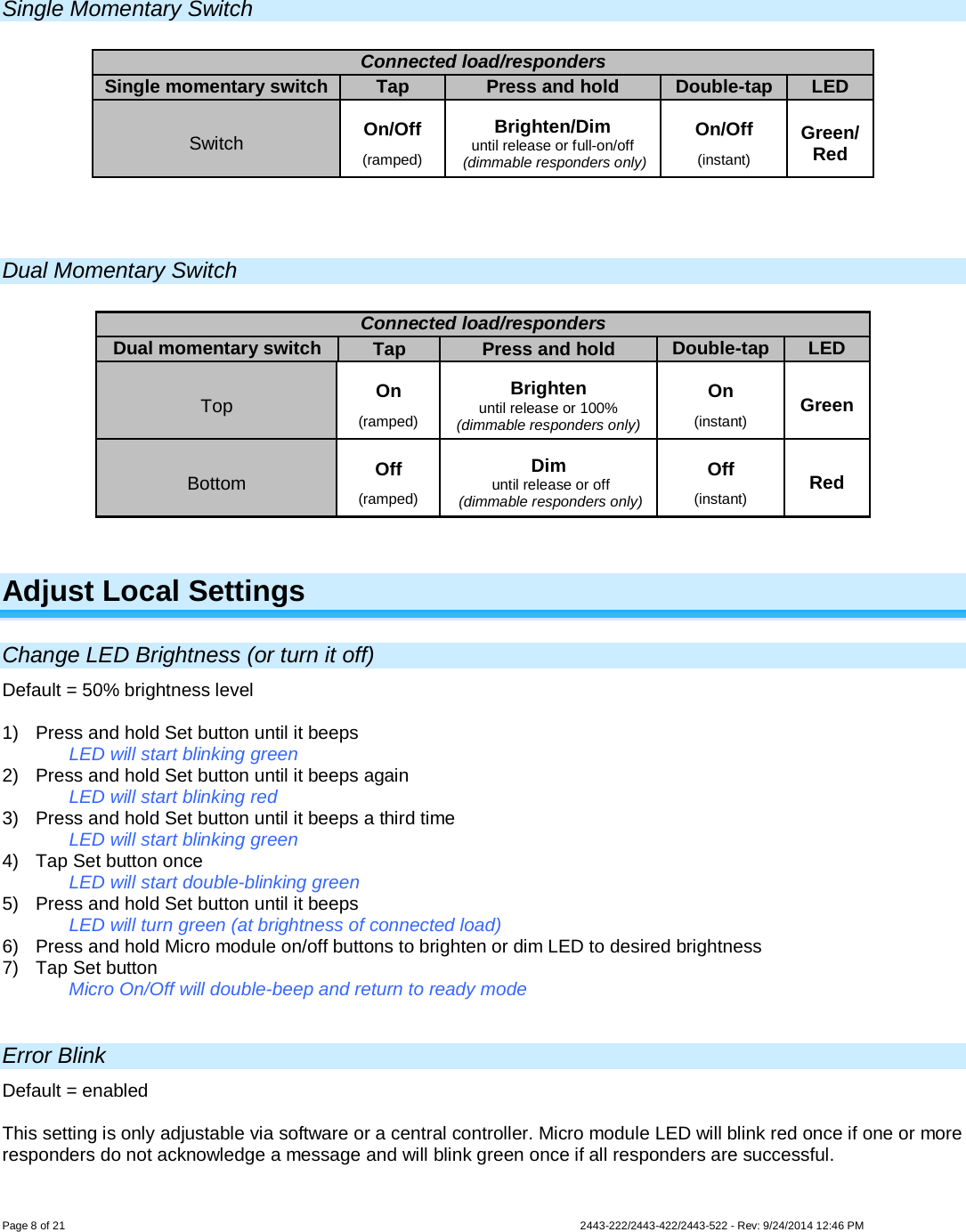  Page 8 of 21        2443-222/2443-422/2443-522 - Rev: 9/24/2014 12:46 PM   Single Momentary Switch       Dual Momentary Switch   Adjust Local Settings Change LED Brightness (or turn it off) Default = 50% brightness level  1)  Press and hold Set button until it beeps   LED will start blinking green  2)  Press and hold Set button until it beeps again   LED will start blinking red 3)  Press and hold Set button until it beeps a third time   LED will start blinking green 4) Tap Set button once   LED will start double-blinking green 5)  Press and hold Set button until it beeps LED will turn green (at brightness of connected load) 6) Press and hold Micro module on/off buttons to brighten or dim LED to desired brightness 7) Tap Set button   Micro On/Off will double-beep and return to ready mode  Error Blink Default = enabled  This setting is only adjustable via software or a central controller. Micro module LED will blink red once if one or more responders do not acknowledge a message and will blink green once if all responders are successful.  Connected load/responders Single momentary switch Tap Press and hold Double-tap LED Switch On/Off (ramped) Brighten/Dim until release or full-on/off  (dimmable responders only) On/Off (instant) Green/ Red Connected load/responders Dual momentary switch Tap Press and hold Double-tap LED Top On (ramped) Brighten until release or 100% (dimmable responders only) On (instant) Green Bottom Off (ramped) Dim  until release or off  (dimmable responders only) Off (instant) Red 