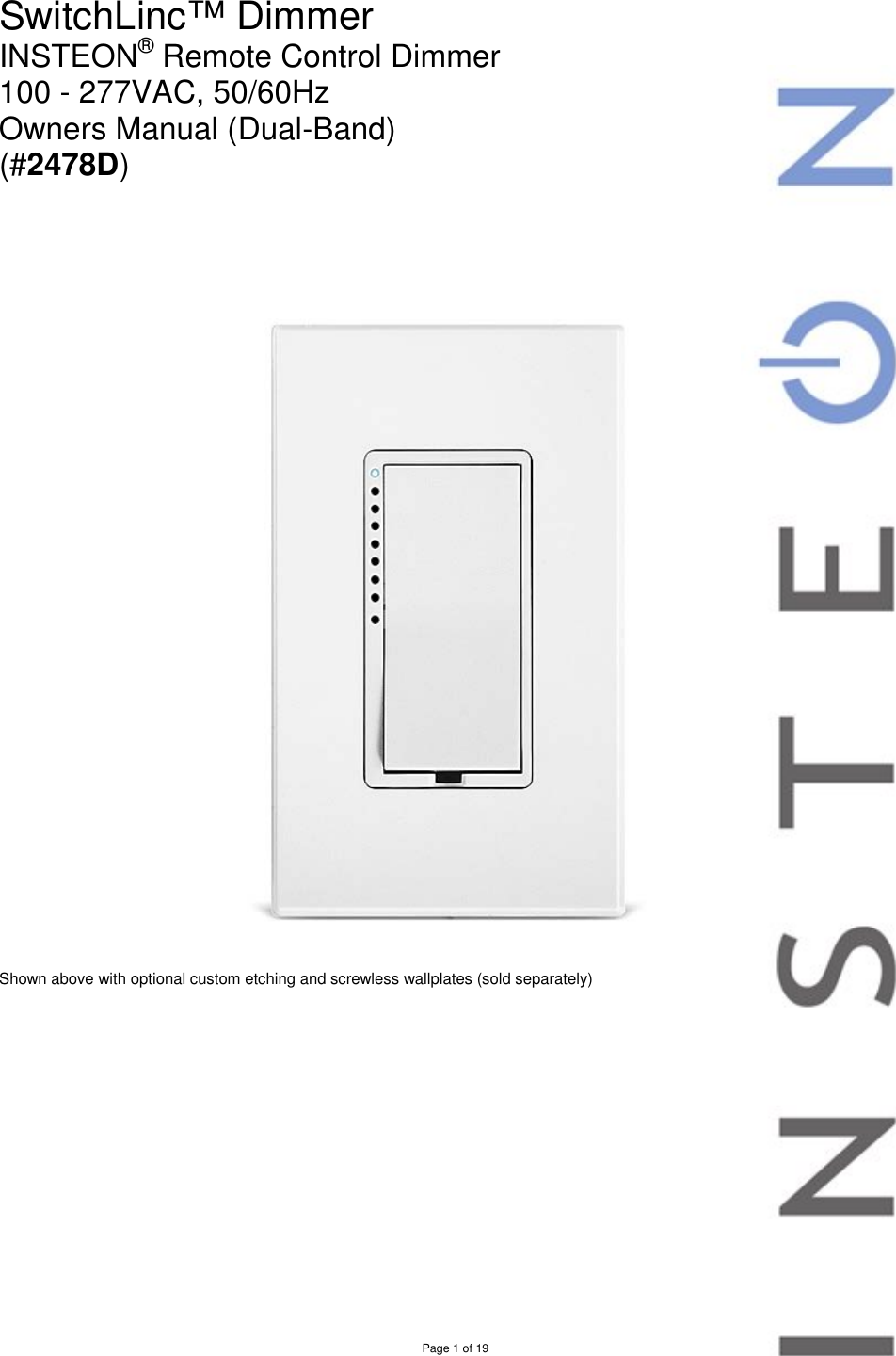 Insteon 2478D Users Manual SwitchLinc Dimmer 100 277VAC (Dual Band)