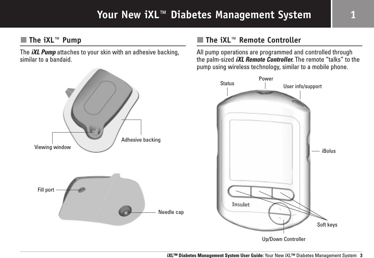 Your New iXL™ Diabetes Management System 1The iXL™ PumpThe iXL Pump attaches to your skin with an adhesive backing,similar to a bandaid.The iXL™ Remote ControllerAll pump operations are programmed and controlled through the palm-sized iXL Remote Controller. The remote “talks” to thepump using wireless technology, similar to a mobile phone.iXL™ Diabetes Management System User Guide: Your New iXL™ Diabetes Management System 3Up/Down ControllerSoft keysiBolusFill portNeedle capUser info/supportStatus PowerAdhesive backingViewing window