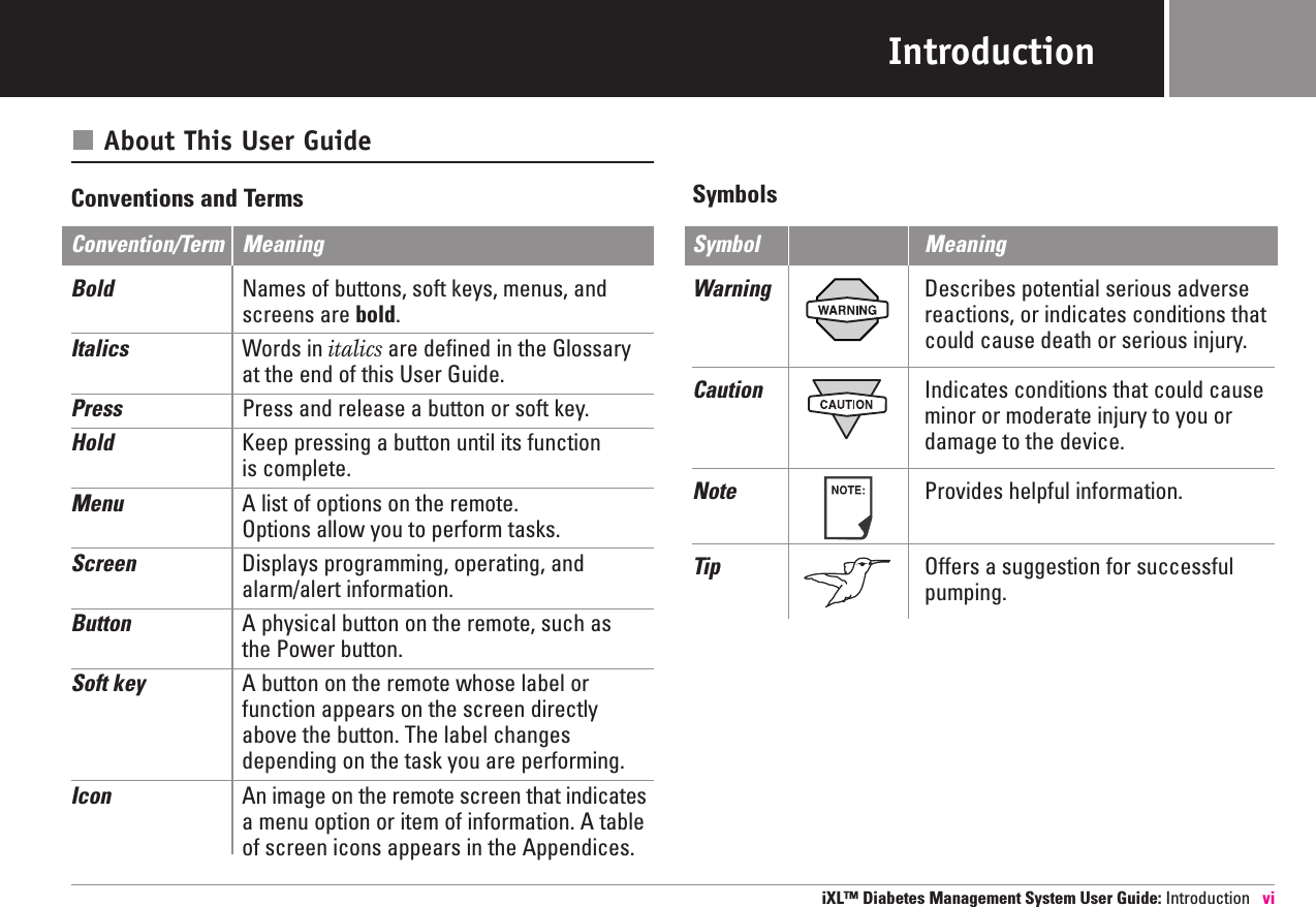 IntroductionAbout This User GuideConventions and TermsConvention/Term MeaningBold Names of buttons, soft keys, menus, and screens are bold.Italics Words in italics are defined in the Glossaryat the end of this User Guide.Press  Press and release a button or soft key.Hold Keep pressing a button until its functionis complete.Menu A list of options on the remote. Options allow you to perform tasks.Screen  Displays programming, operating, andalarm/alert information.Button  A physical button on the remote, such asthe Power button.Soft key A button on the remote whose label orfunction appears on the screen directlyabove the button. The label changes depending on the task you are performing.Icon  An image on the remote screen that indicatesa menu option or item of information. A tableof screen icons appears in the Appendices.SymbolsSymbol MeaningWarning Describes potential serious adversereactions, or indicates conditions thatcould cause death or serious injury. Caution Indicates conditions that could cause minor or moderate injury to you ordamage to the device.Note Provides helpful information.Tip Offers a suggestion for successfulpumping.iXL™ Diabetes Management System User Guide: Introduction vi