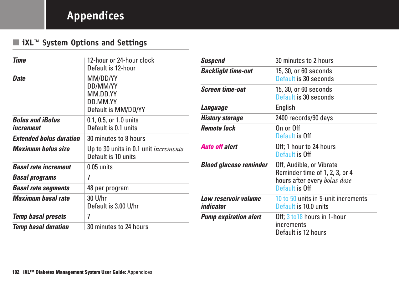 102   iXL™ Diabetes Management System User Guide: AppendicesAppendicesiXL™ System Options and SettingsTime 12-hour or 24-hour clockDefault is 12-hourDate MM/DD/YYDD/MM/YYMM.DD.YYDD.MM.YYDefault is MM/DD/YYBolus and iBolus 0.1, 0.5, or 1.0 unitsincrement Default is 0.1 unitsExtended bolus duration 30 minutes to 8 hoursMaximum bolus size Up to 30 units in 0.1 unit incrementsDefault is 10 unitsBasal rate increment 0.05 unitsBasal programs 7Basal rate segments 48 per programMaximum basal rate 30 U/hrDefault is 3.00 U/hrTemp basal presets 7Temp basal duration 30 minutes to 24 hoursSuspend 30 minutes to 2 hoursBacklight time-out 15, 30, or 60 secondsDefault is 30 secondsScreen time-out 15, 30, or 60 secondsDefault is 30 secondsLanguage EnglishHistory storage 2400 records/90 daysRemote lock On or OffDefault is OffAuto off alert Off; 1 hour to 24 hoursDefault is OffBlood glucose reminder Off, Audible, or VibrateReminder time of 1, 2, 3, or 4 hours after every bolus doseDefault is OffLow reservoir volume  10 to 50 units in 5-unit incrementsindicator Default is 10.0 unitsPump expiration alert Off; 3 to18 hours in 1-hour incrementsDefault is 12 hours