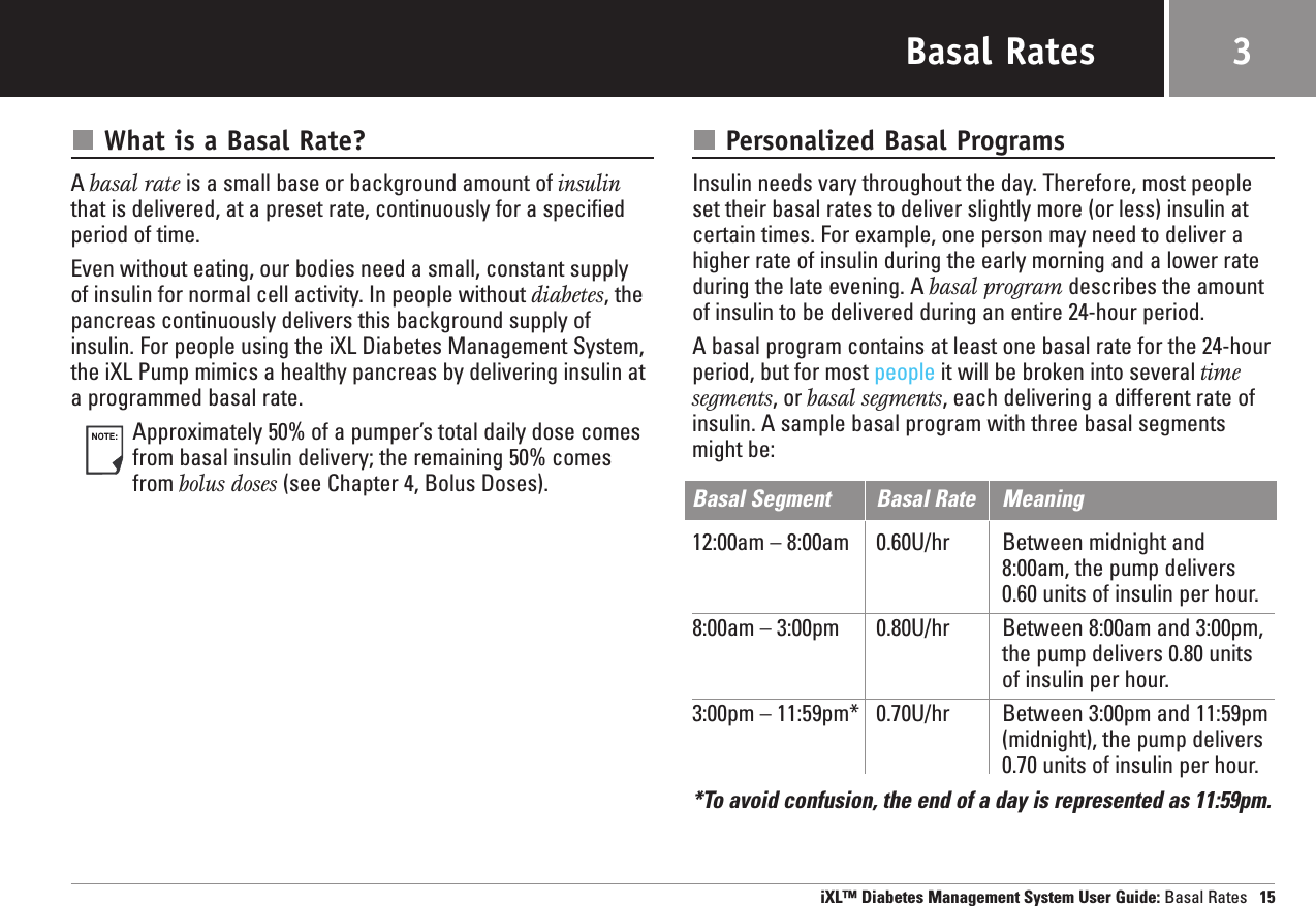 Basal RatesWhat is a Basal Rate?A basal rate is a small base or background amount of insulinthat is delivered, at a preset rate, continuously for a specifiedperiod of time.Even without eating, our bodies need a small, constant supply of insulin for normal cell activity. In people without diabetes, thepancreas continuously delivers this background supply ofinsulin. For people using the iXL Diabetes Management System,the iXL Pump mimics a healthy pancreas by delivering insulin ata programmed basal rate.Approximately 50% of a pumper’s total daily dose comesfrom basal insulin delivery; the remaining 50% comesfrom bolus doses (see Chapter 4, Bolus Doses).Personalized Basal ProgramsInsulin needs vary throughout the day. Therefore, most peopleset their basal rates to deliver slightly more (or less) insulin atcertain times. For example, one person may need to deliver ahigher rate of insulin during the early morning and a lower rateduring the late evening. A basal program describes the amountof insulin to be delivered during an entire 24-hour period. A basal program contains at least one basal rate for the 24-hourperiod, but for most people it will be broken into several timesegments, or basal segments, each delivering a different rate ofinsulin. A sample basal program with three basal segmentsmight be:Basal Segment Basal Rate Meaning12:00am – 8:00am 0.60U/hr Between midnight and8:00am, the pump delivers0.60 units of insulin per hour.8:00am – 3:00pm 0.80U/hr Between 8:00am and 3:00pm,the pump delivers 0.80 unitsof insulin per hour.3:00pm – 11:59pm* 0.70U/hr Between 3:00pm and 11:59pm(midnight), the pump delivers0.70 units of insulin per hour.*To avoid confusion, the end of a day is represented as 11:59pm.iXL™ Diabetes Management System User Guide: Basal Rates 153