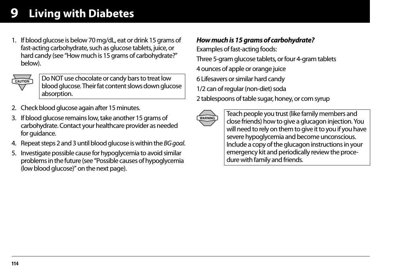 Living with Diabetes11491. If blood glucose is below 70 mg/dL, eat or drink 15 grams of fast-acting carbohydrate, such as glucose tablets, juice, or hard candy (see “How much is 15 grams of carbohydrate?” below).2. Check blood glucose again after 15 minutes.3. If blood glucose remains low, take another 15 grams of carbohydrate. Contact your healthcare provider as needed for guidance.4. Repeat steps 2 and 3 until blood glucose is within the BG goal.5. Investigate possible cause for hypoglycemia to avoid similar problems in the future (see “Possible causes of hypoglycemia (low blood glucose)” on the next page).How much is 15 grams of carbohydrate?Examples of fast-acting foods:Three 5-gram glucose tablets, or four 4-gram tablets4 ounces of apple or orange juice6 Lifesavers or similar hard candy1/2 can of regular (non-diet) soda2 tablespoons of table sugar, honey, or corn syrupDo NOT use chocolate or candy bars to treat low blood glucose. Their fat content slows down glucose absorption.Teach people you trust (like family members and close friends) how to give a glucagon injection. You will need to rely on them to give it to you if you have severe hypoglycemia and become unconscious. Include a copy of the glucagon instructions in your emergency kit and periodically review the proce-dure with family and friends.