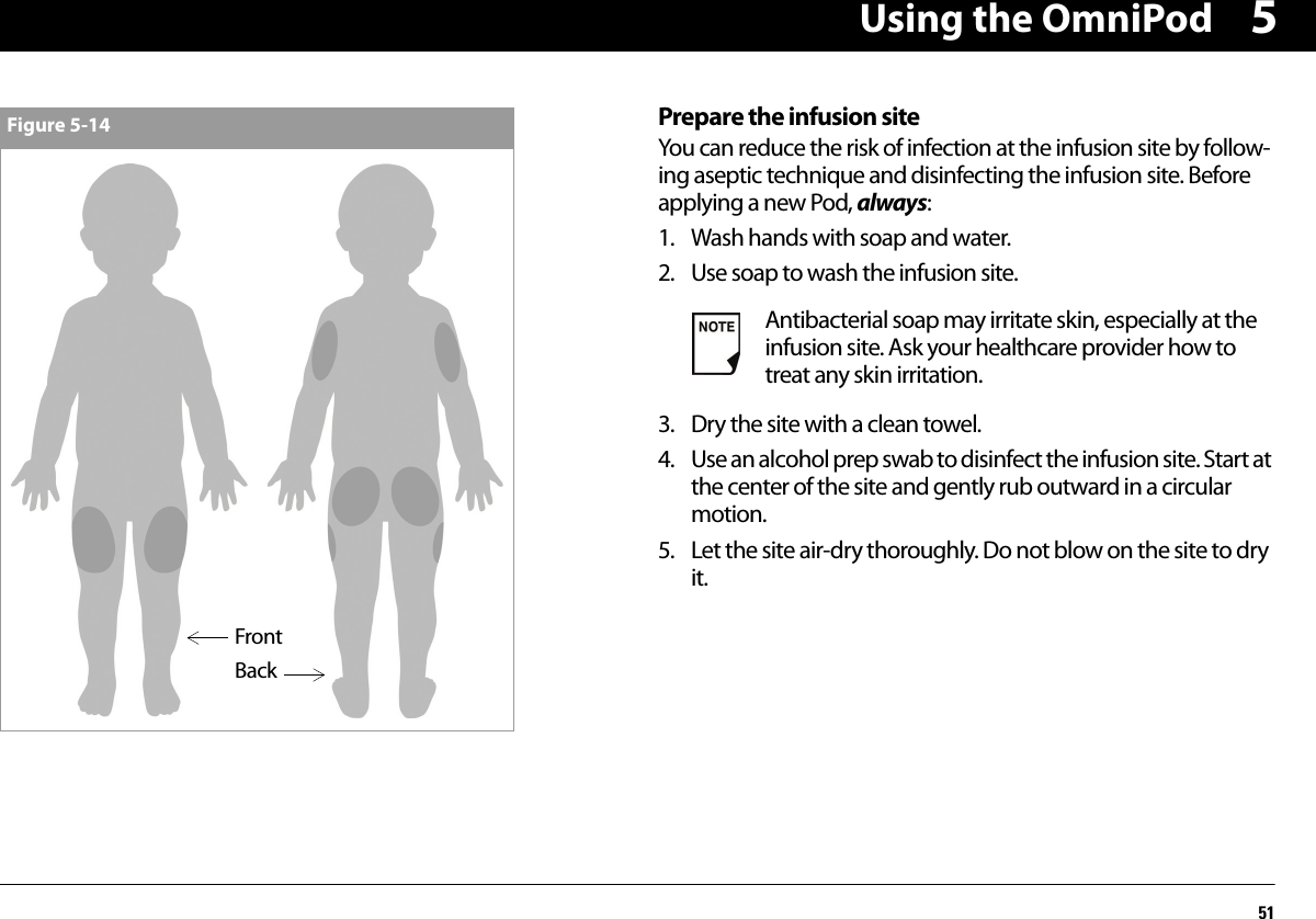 Using the OmniPod515Prepare the infusion siteYou can reduce the risk of infection at the infusion site by follow-ing aseptic technique and disinfecting the infusion site. Before applying a new Pod, always:1. Wash hands with soap and water.2. Use soap to wash the infusion site.3. Dry the site with a clean towel.4. Use an alcohol prep swab to disinfect the infusion site. Start at the center of the site and gently rub outward in a circular motion.5. Let the site air-dry thoroughly. Do not blow on the site to dry it.Figure 5-14FrontBackAntibacterial soap may irritate skin, especially at the infusion site. Ask your healthcare provider how to treat any skin irritation.