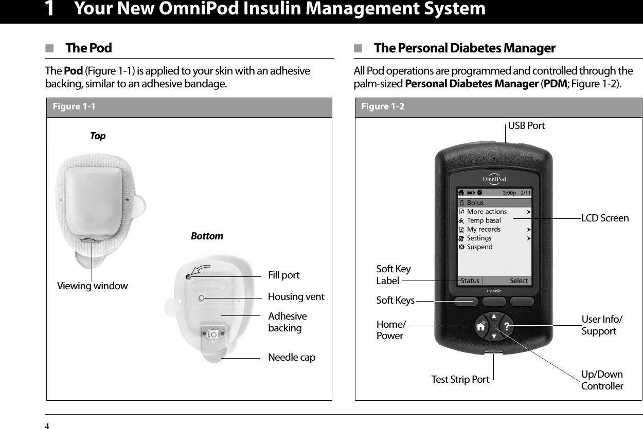 Your New OmniPod Insulin Management System41■  The PodThe Pod (Figure 1-1) is applied to your skin with an adhesive backing, similar to an adhesive bandage.■  The Personal Diabetes ManagerAll Pod operations are programmed and controlled through the palm-sized Personal Diabetes Manager (PDM; Figure 1-2).TopBottomNeedle capViewing windowFill portFigure 1-1Adhesive backingHousing ventFigure 1-2Up/Down ControllerUser Info/SupportSoft Key LabelSoft KeysHome/PowerUSB PortTest Strip PortLCD Screen