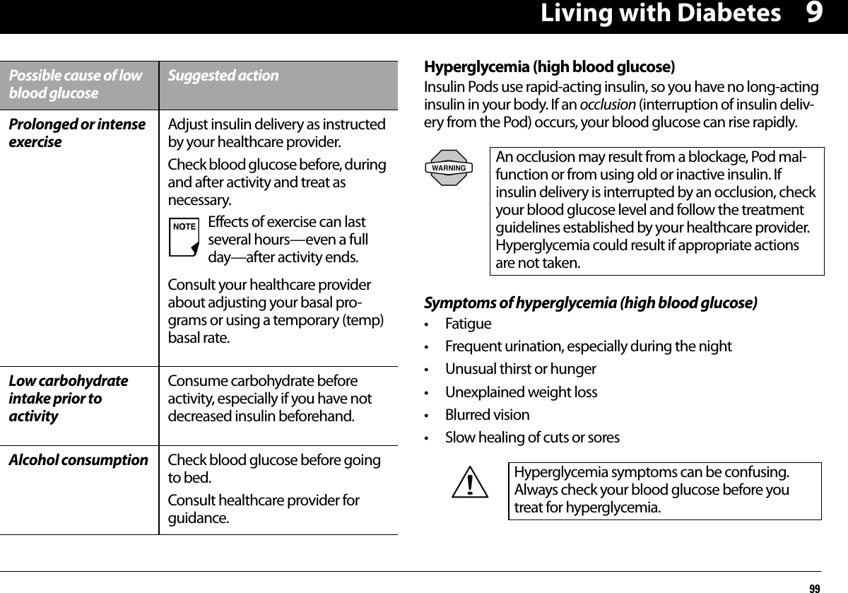 Living with Diabetes999Hyperglycemia (high blood glucose)Insulin Pods use rapid-acting insulin, so you have no long-acting insulin in your body. If an occlusion (interruption of insulin deliv-ery from the Pod) occurs, your blood glucose can rise rapidly.Symptoms of hyperglycemia (high blood glucose)• Fatigue• Frequent urination, especially during the night• Unusual thirst or hunger• Unexplained weight loss• Blurred vision• Slow healing of cuts or sores Possible cause of low blood glucoseSuggested actionProlonged or intense exerciseAdjust insulin delivery as instructed by your healthcare provider.Check blood glucose before, during and after activity and treat as necessary.Consult your healthcare provider about adjusting your basal pro-grams or using a temporary (temp) basal rate.Low carbohydrate intake prior to activity Consume carbohydrate before activity, especially if you have not decreased insulin beforehand.Alcohol consumption Check blood glucose before going to bed.Consult healthcare provider for guidance.Effects of exercise can last several hours—even a full day—after activity ends.An occlusion may result from a blockage, Pod mal-function or from using old or inactive insulin. If insulin delivery is interrupted by an occlusion, check your blood glucose level and follow the treatment guidelines established by your healthcare provider. Hyperglycemia could result if appropriate actions are not taken.Hyperglycemia symptoms can be confusing. Always check your blood glucose before you treat for hyperglycemia.