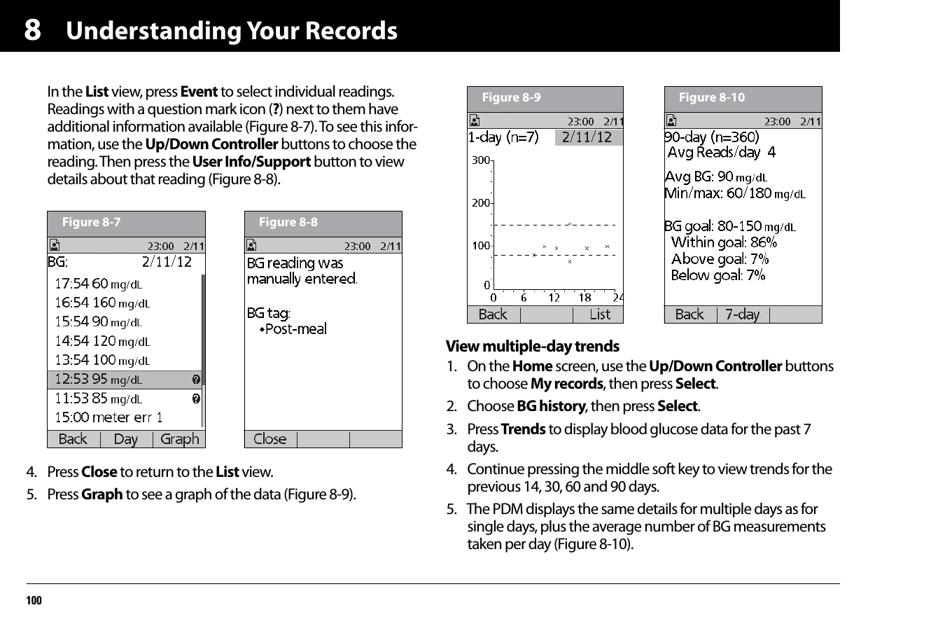 Understanding Your Records1008In the List view, press Event to select individual readings. Readings with a question mark icon (?) next to them have additional information available (Figure 8-7). To see this infor-mation, use the Up/Down Controller buttons to choose the reading. Then press the User Info/Support button to view details about that reading (Figure 8-8).4. Press Close to return to the List view.5. Press Graph to see a graph of the data (Figure 8-9).View multiple-day trends1. On the Home screen, use the Up/Down Controller buttons to choose My records, then press Select.2. Choose BG history, then press Select.3. Press Trends to display blood glucose data for the past 7 days.4. Continue pressing the middle soft key to view trends for the previous 14, 30, 60 and 90 days.5. The PDM displays the same details for multiple days as for single days, plus the average number of BG measurements taken per day (Figure 8-10). Figure 8-7 Figure 8-8Figure 8-9 Figure 8-10