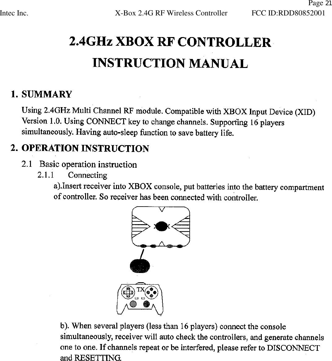                Page 21 Intec Inc. X-Box 2.4G RF Wireless Controller FCC ID:RDD80852001   
