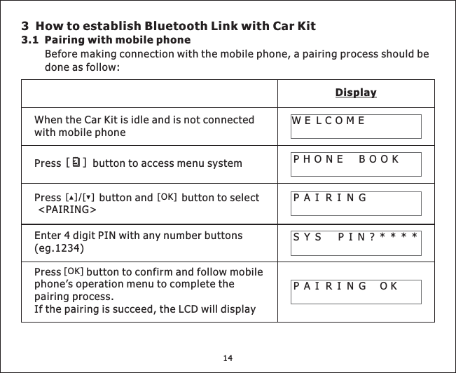 3 How to establish Bluetooth Link with Car Kit3.1 Pairing with mobile phoneBefore making connection with the mobile phone, a pairing process should bedone as follow:DisplayWhentheCarKitisidleandisnotconnectedwith mobile phonePress button to access menu systemEnter4digitPINwithanynumberbuttons(eg.1234)SYS PIN?****PAI RINGPHONE BOOKWE LCOME[]Press button and button to select&lt;PAIRING&gt;[][]/[OK]Press button to confirm and follow mobilephone’s operation menu to complete thepairing process.Ifthepairingissucceed,theLCDwilldisplay[OK]PAI RING OK14