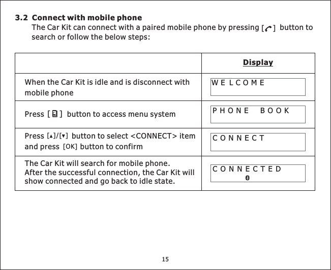 3.2 Connect with mobile phoneThe Car Kit can connect with a paired mobile phone by pressing button tosearch or follow the below steps:DisplayWhen the Car Kit is idle and is disconnect withmobile phoneCONNECTPHONE BOOKWE LCOMECONNECTED[]Press button to access menu system[]Press button to select &lt;CONNECT&gt; itemand press button to confirm[][]/[OK]TheCarKitwillsearchformobilephone.After the successful connection, the Car Kit willshow connected and go back to idle state.15