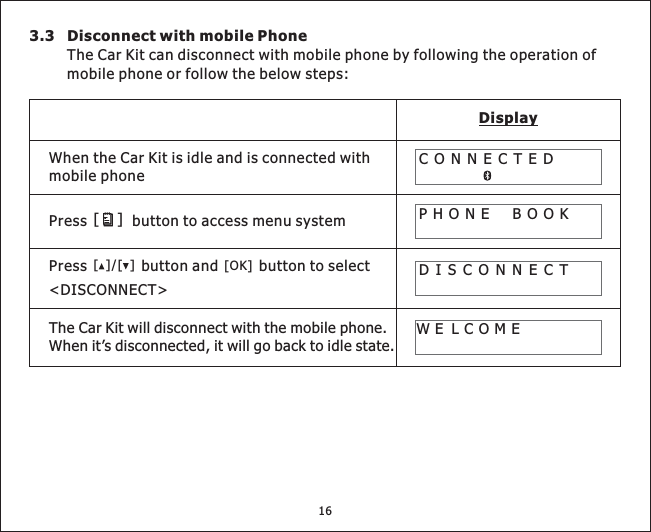 3.3 Disconnect with mobile PhoneThe Car Kit can disconnect with mobile phone by following the operation ofmobile phone or follow the below steps:WhentheCarKitisidleandisconnectedwithmobile phoneDisplayDISCONNECTPHONE BOOKWE LCOMECONNECTEDPress button to access menu system[]Press button and button to select&lt;DISCONNECT&gt;[][]/[OK]The Car Kit will disconnect with the mobile phone.When it’s disconnected, it will go back to idle state.16