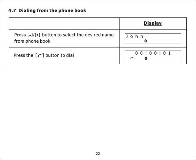 4.7 Dialing from the phone bookDisplayJohn00:00:01[]Press the button to dialPress button to select the desired namefrom phone book[][]/22