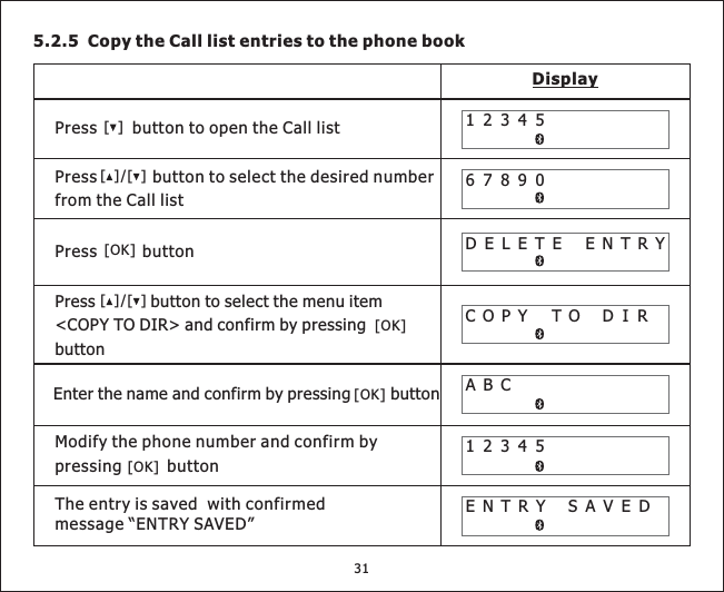 5.2.5 Copy the Call list entries to the phone bookDisplay1234567890DELETE ENTRYCOPY TO DIR[]Press button to open the Call listPress button to select the desired numberfrom the Call list[][]/Press button[OK]Press button to select the menu item&lt;COPY TO DIR&gt; and confirm by pressingbutton[][]/[OK]ABCEnter the name and confirm by pressing button12345ENTRY SAVEDModify the phone number and confirm bypressing buttonThe entry is saved with confirmedmessage “ENTRY SAVED”[OK][OK]31