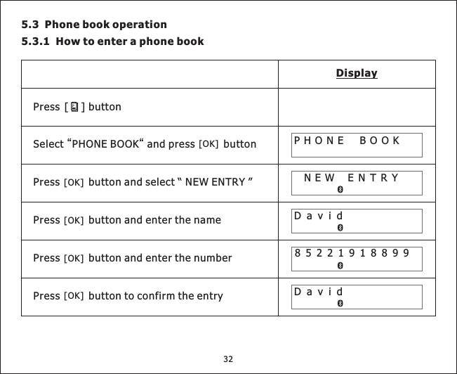 5.3 Phone book operation5.3.1 How to enter a phone bookDisplay85221918899PHONE BOOKDavidDavidNEW ENTRYPress buttonPress button and select “ NEW ENTRY ”Press button and enter the namePress button and enter the numberPress button to confirm the entrySelect and press button““PHONE BOOK[][OK][OK][OK][OK][OK]32