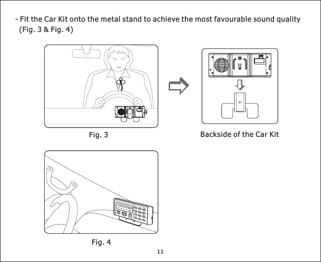 11-FittheCarKitontothemetalstandtoachievethemostfavourablesoundquality(Fig.3&amp;Fig.4)Backside of the Car KitFig. 3Fig. 4ONOFFONOFF