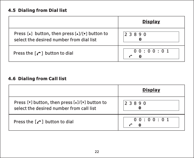 4.6 Dialing from Call listDisplay2389000:00:01Press the button to dial[]4.5 Dialing from Dial listDisplay2389000:00:01[]Press the button to dialPress , then press button toselect the desired number from dial listbutton[] [][]/Press , then press button toselect the desired number from call listbutton[][][]/22