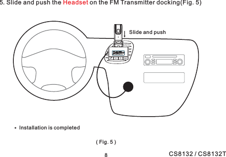 5. Slide and push the on the FM Transmitter docking(Fig. 5)Headset(Fig.5)Installation is completed8Slide and pushMEM P1P2 P3 P4 P5MEM P1P2 P3 P4 P5*CS8132 / CS8132T