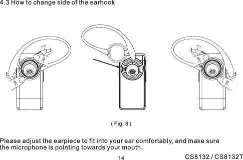 4.3 How to change side of the earhookPlease adjust the earpiece to fit into your ear comfortably, and make surethe microphone is pointing towards your mouth.(Fig.8)14 CS8132 / CS8132T