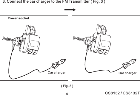 3. Connect the car charger to the FM Transmitter ( Fig. 3 )Power socket(Fig.3)6Car charger Car chargerCS8132 / CS8132T