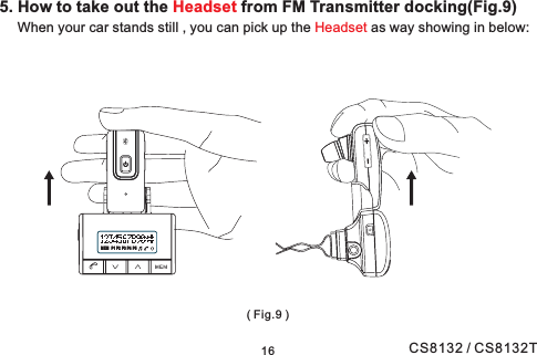 165. How to take out the from FM Transmitter docking(Fig.9)When your car stands still , you can pick up the as way showing in below:HeadsetHeadset(Fig.9)MEM P1 P2 P3 P4 P5MEM P1 P2 P3 P4 P5CS8132 / CS8132T