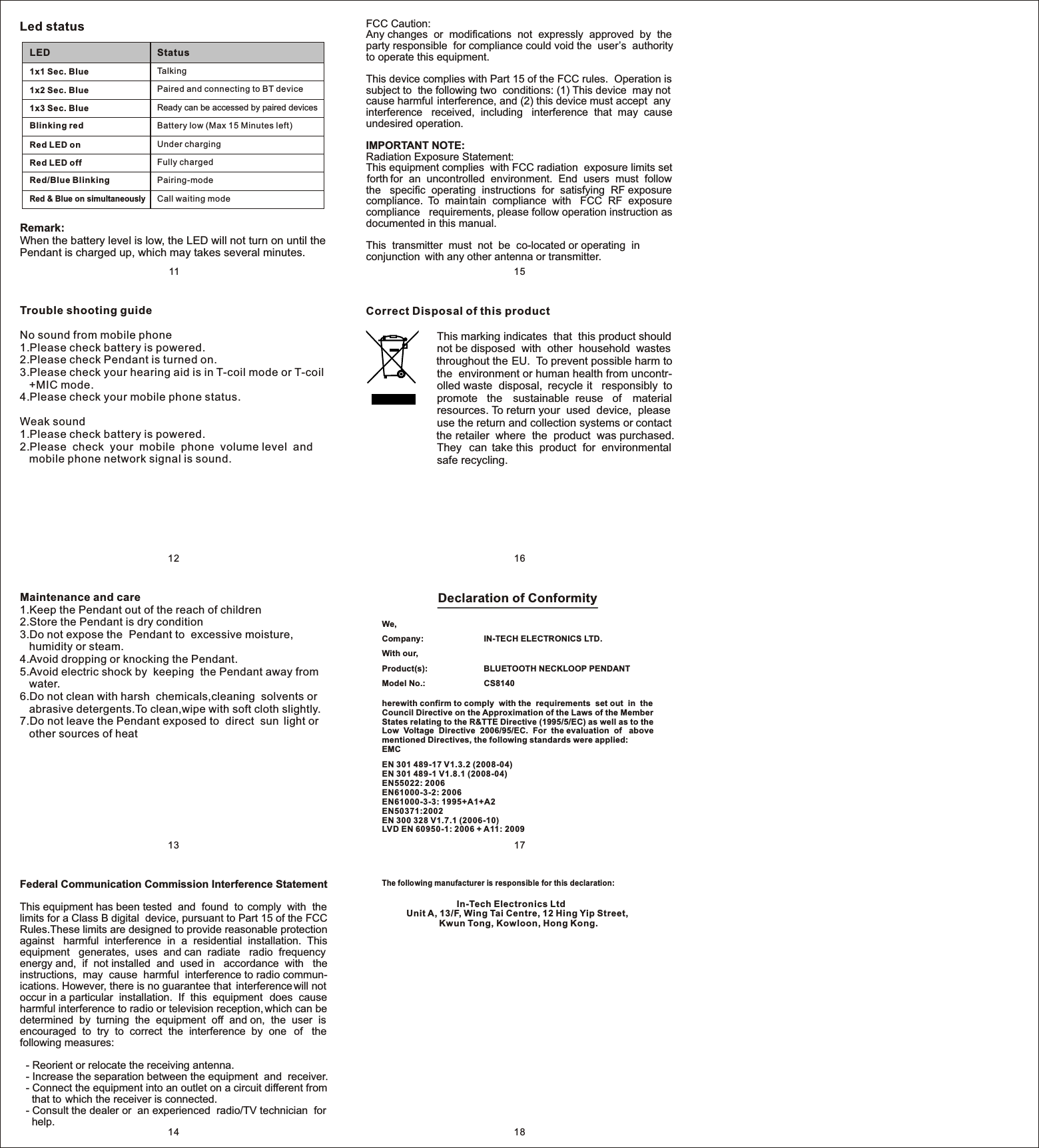 Intech Electronics CS8140 Bluetooth Neckloop Pendant User Manual 8140 ...