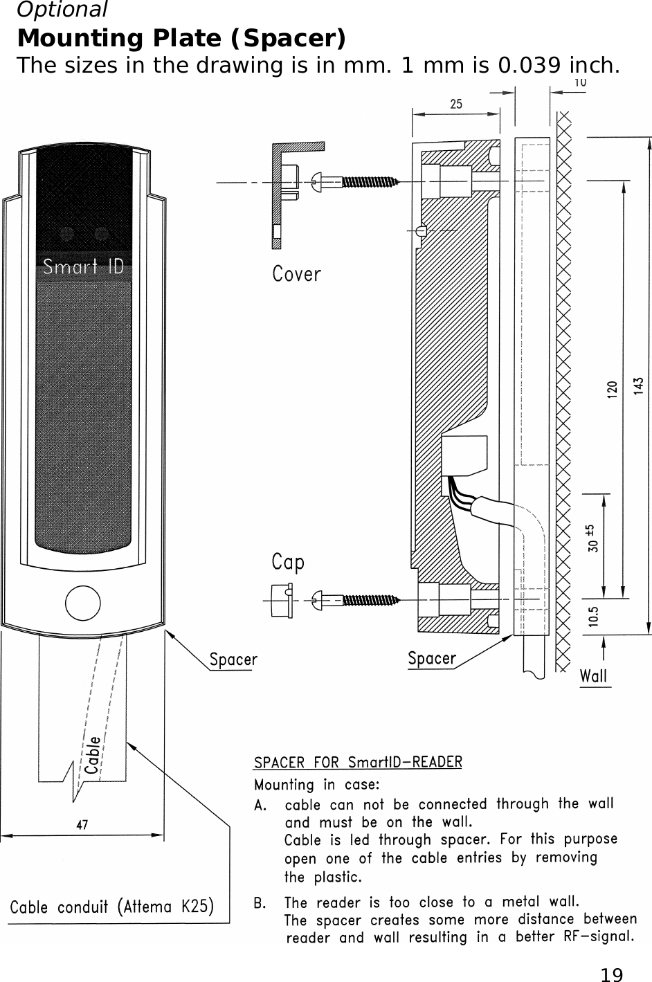  19Optional  Mounting Plate (Spacer)  The sizes in the drawing is in mm. 1 mm is 0.039 inch.  